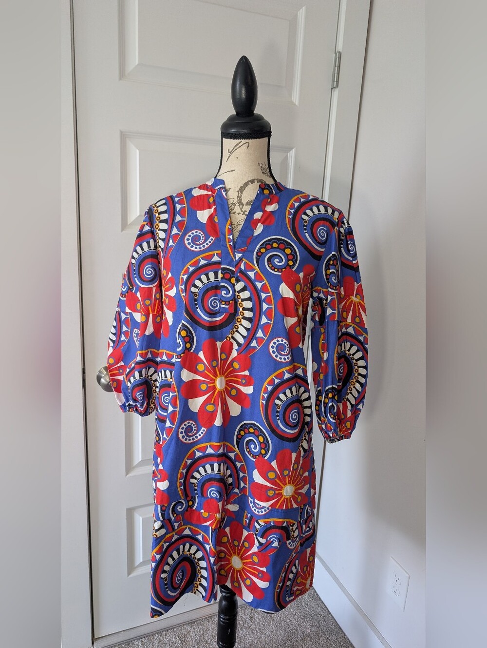Maude Vivante Boho Bold Blue Floral Print Women’s Tunic Dress Size Medium - Picture 2 of 9